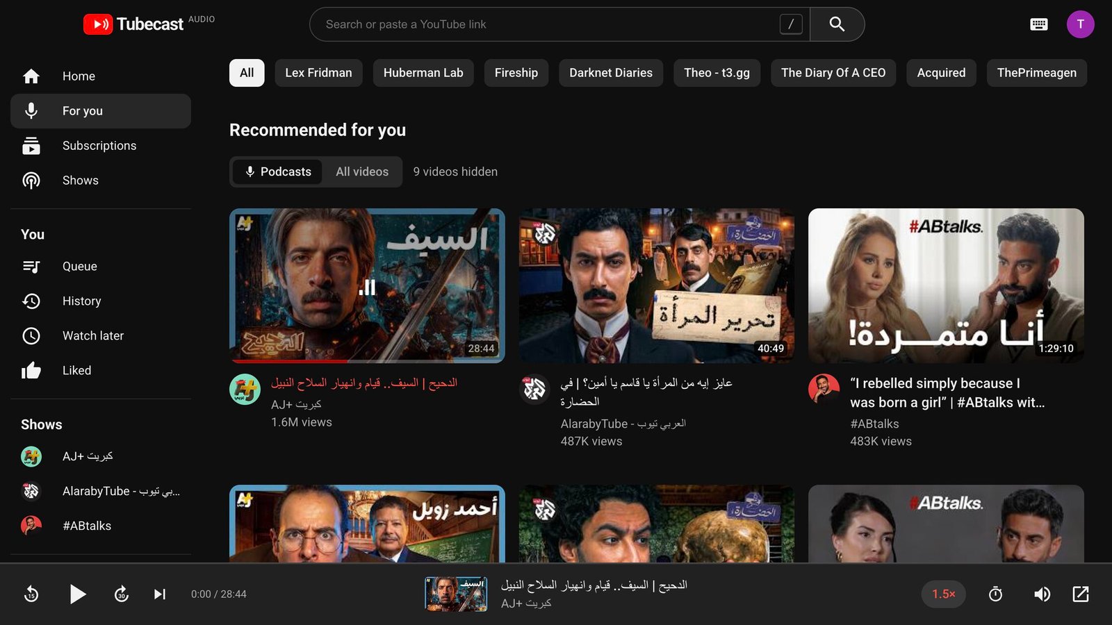 Tubecast showing recommended podcasts: El Dahih, Fi Al-Hadara and #ABtalks episodes, with the Podcasts filter on and an episode playing.